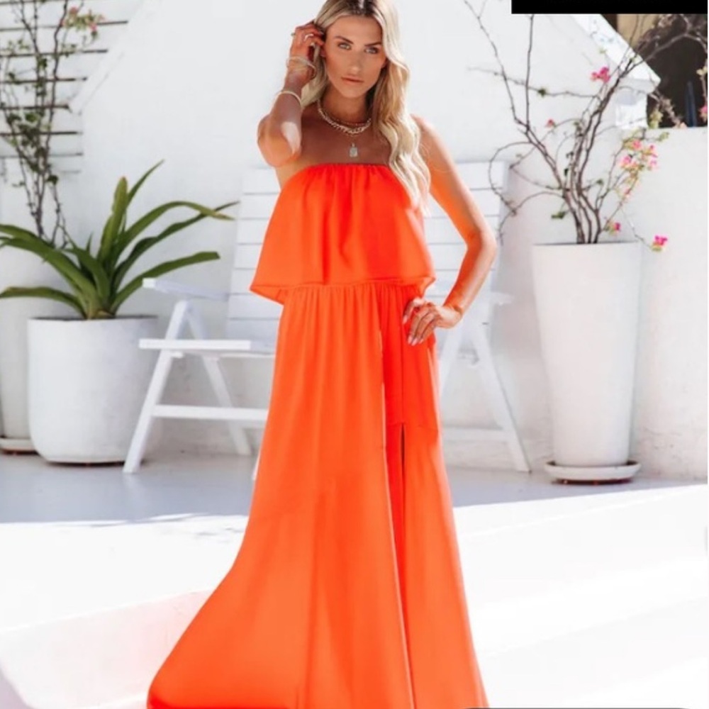 Vici Bandeau Vivid Strapless Off Shoulder Bright Orange Slit Maxi Dress New